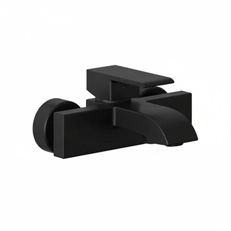 A matte black single-handle bathtub faucet with a curved spout and a round wall-mount base.