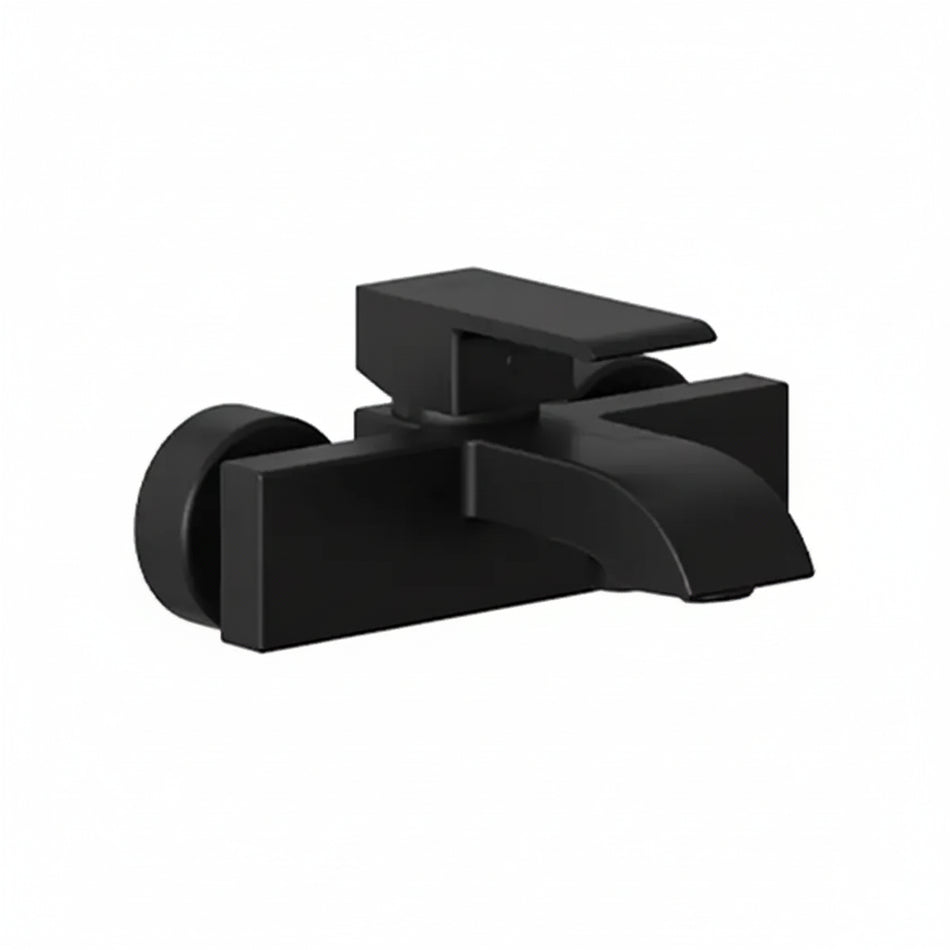 A matte black single-handle bathtub faucet with a curved spout and a round wall-mount base.