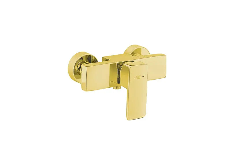 A modern single-handle shower valve trim with a polished gold finish, featuring a rectangular lever handle and circular backplate.