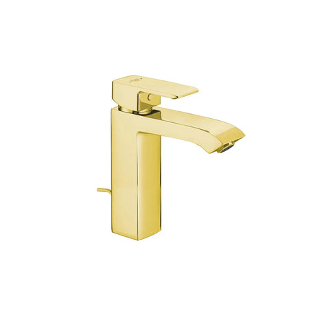 A modern single-handle bathroom faucet in a polished gold finish.