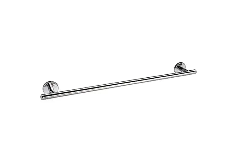 A polished chrome double towel bar with wall mounts.