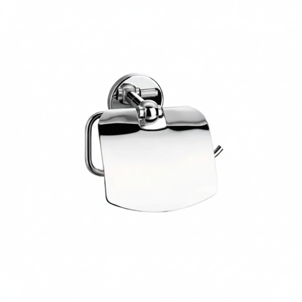 A polished chrome toilet paper holder with a curved paper cover and a wall-mounted bracket.