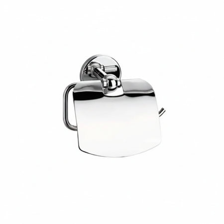 A polished chrome toilet paper holder with a curved paper cover and a wall-mounted bracket.