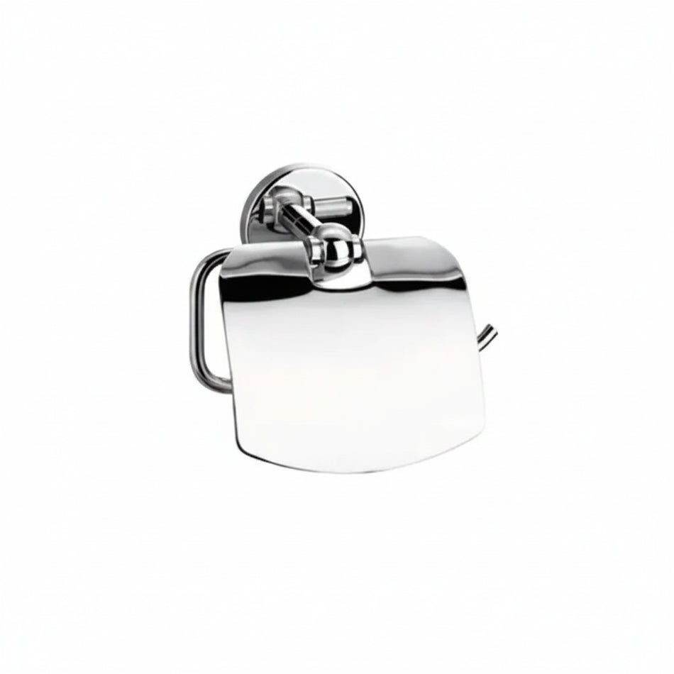 A polished chrome toilet paper holder with a curved paper cover and a wall-mounted bracket.