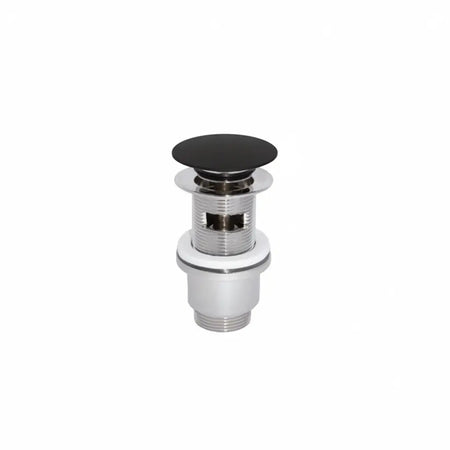 A chrome-finished bathroom drain assembly with a black round stopper cap.