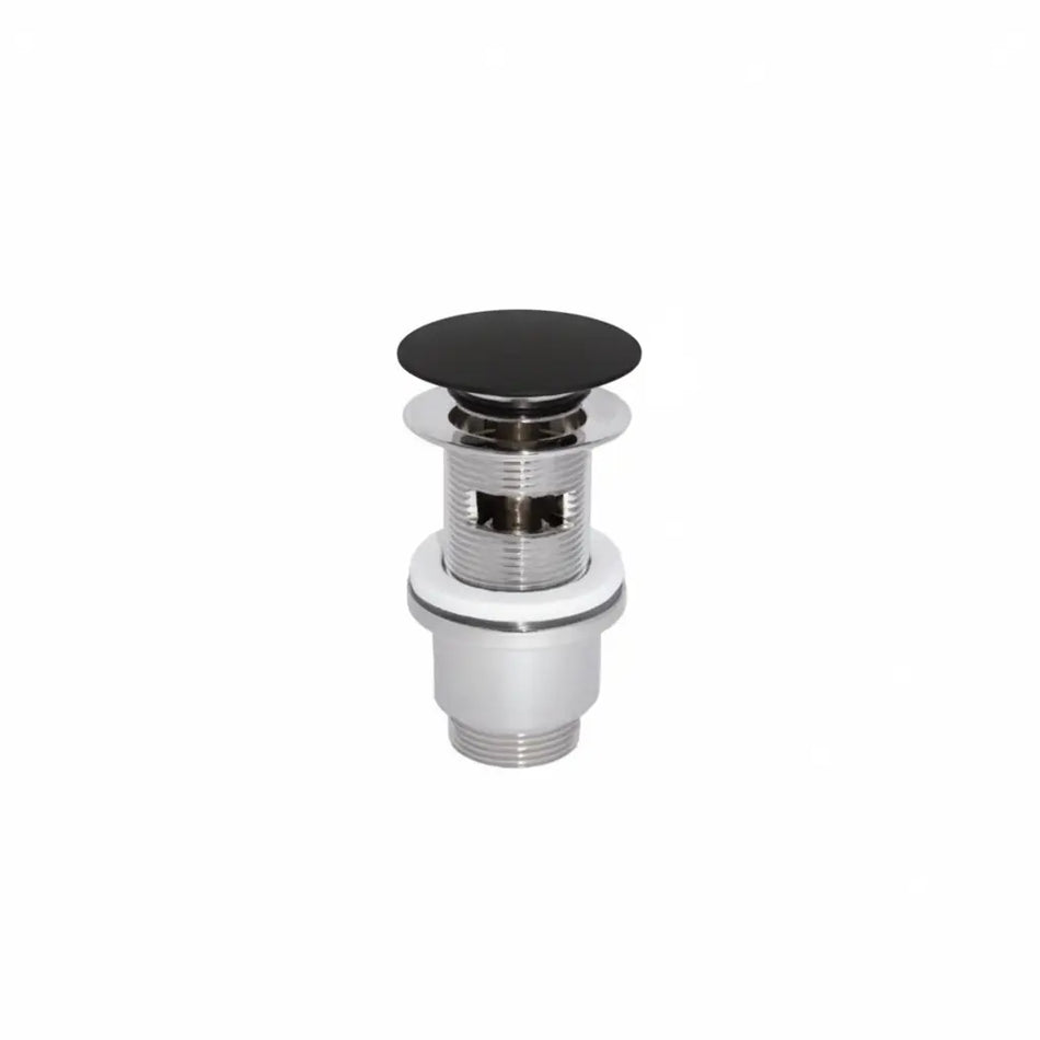 A chrome-finished bathroom drain assembly with a black round stopper cap.