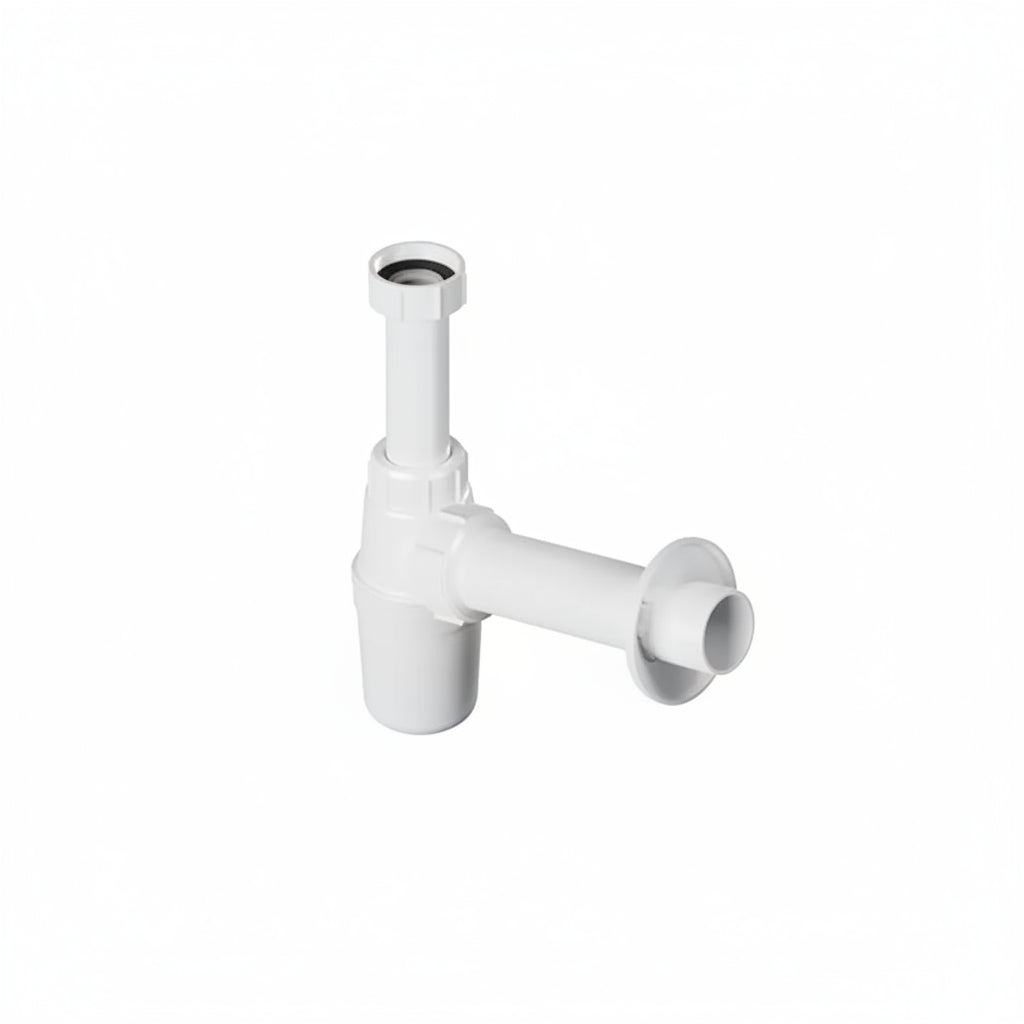 A white plastic kitchen sink P-tray drain assembly with a downstopper.