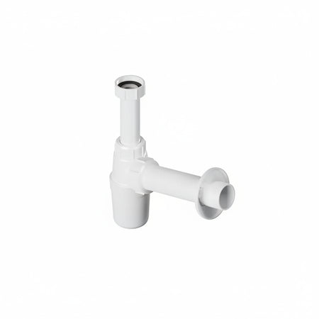 A white plastic kitchen sink P-tray drain assembly with a downstopper.