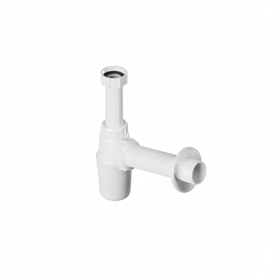 A white plastic kitchen sink P-tray drain assembly with a downstopper.
