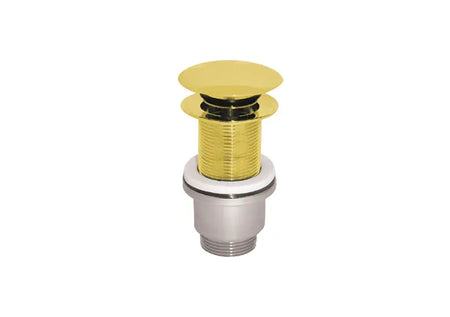 A gold and silver metal plumbing drain stopper assembly with a ribbed gold body, a flat gold top, and a silver threaded base.