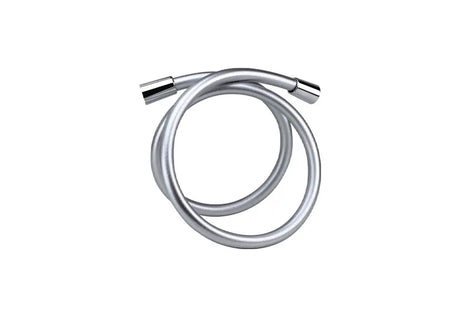 A coiled metallic shower hose with polished chrome ends.