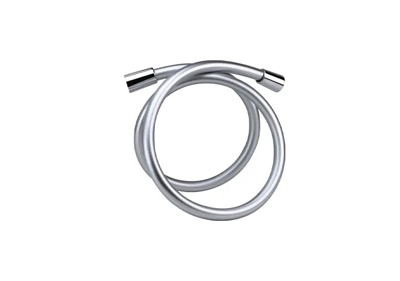 A coiled metallic shower hose with polished chrome ends.