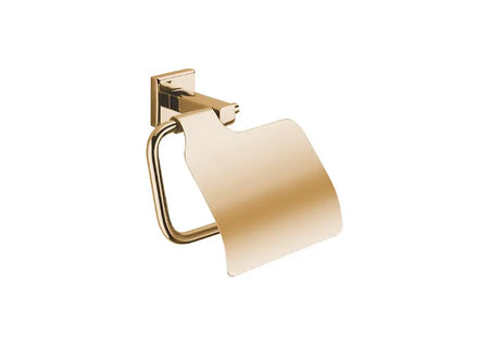 A modern toilet paper holder with a curved, minimalist design in a brushed gold finish.