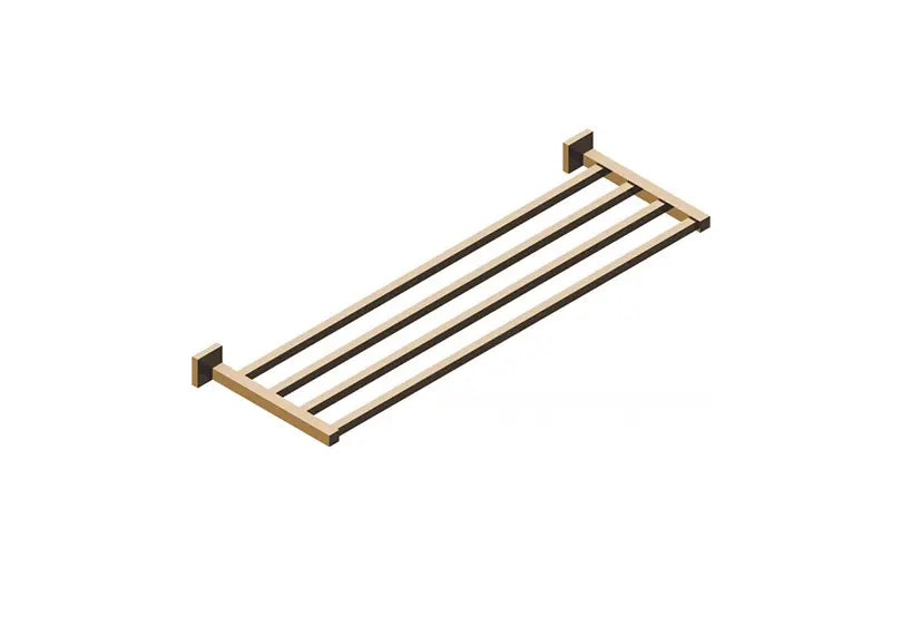 A wall-mounted double towel bar in a brushed gold finish, shown from an isometric perspective.