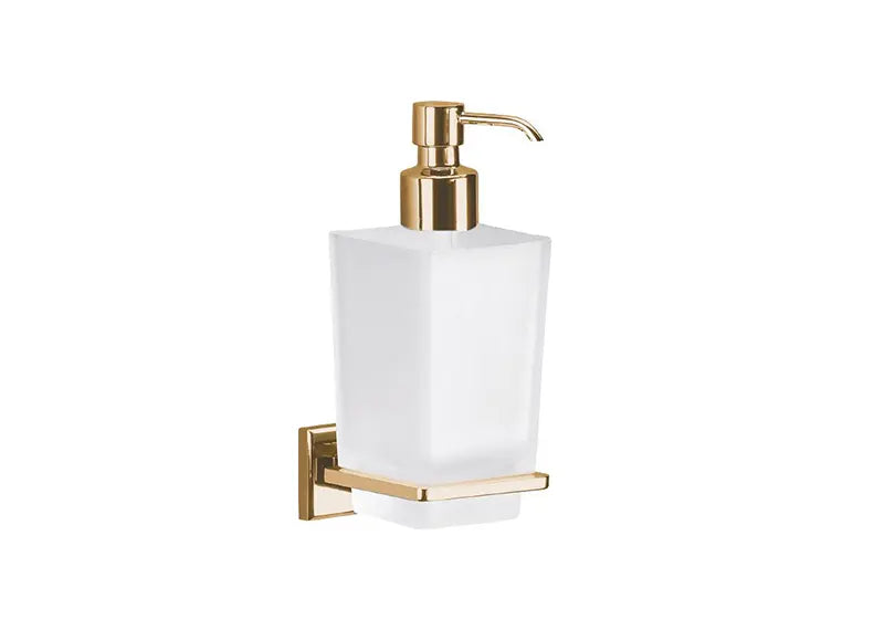 A modern wall-mounted soap dispenser with a frosted white glass bottle 