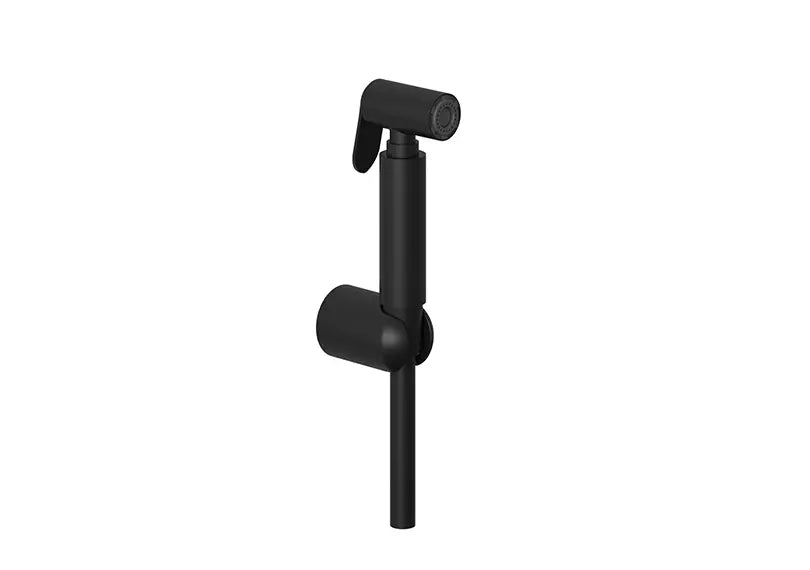 A matte black wall-mounted bidet toilet sprayer with a vertical pipe, angled arm, and handheld nozzle.