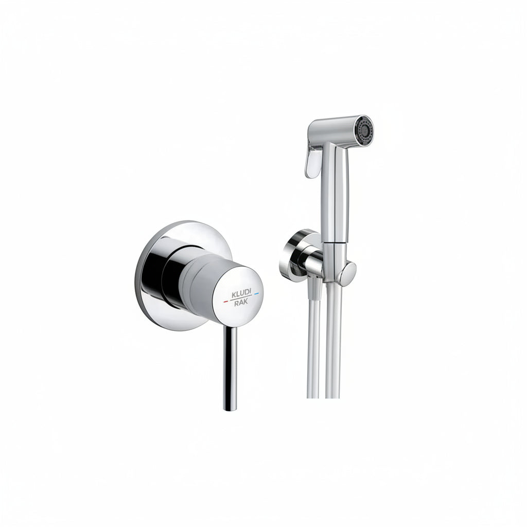 A polished chrome wall-mounted bidet shower set with a single lever handle and a handheld shower head on a flexible hose.