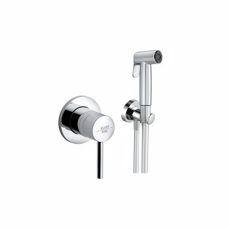 A polished chrome wall-mounted bidet shower set with a single lever handle and a handheld shower head on a flexible hose.