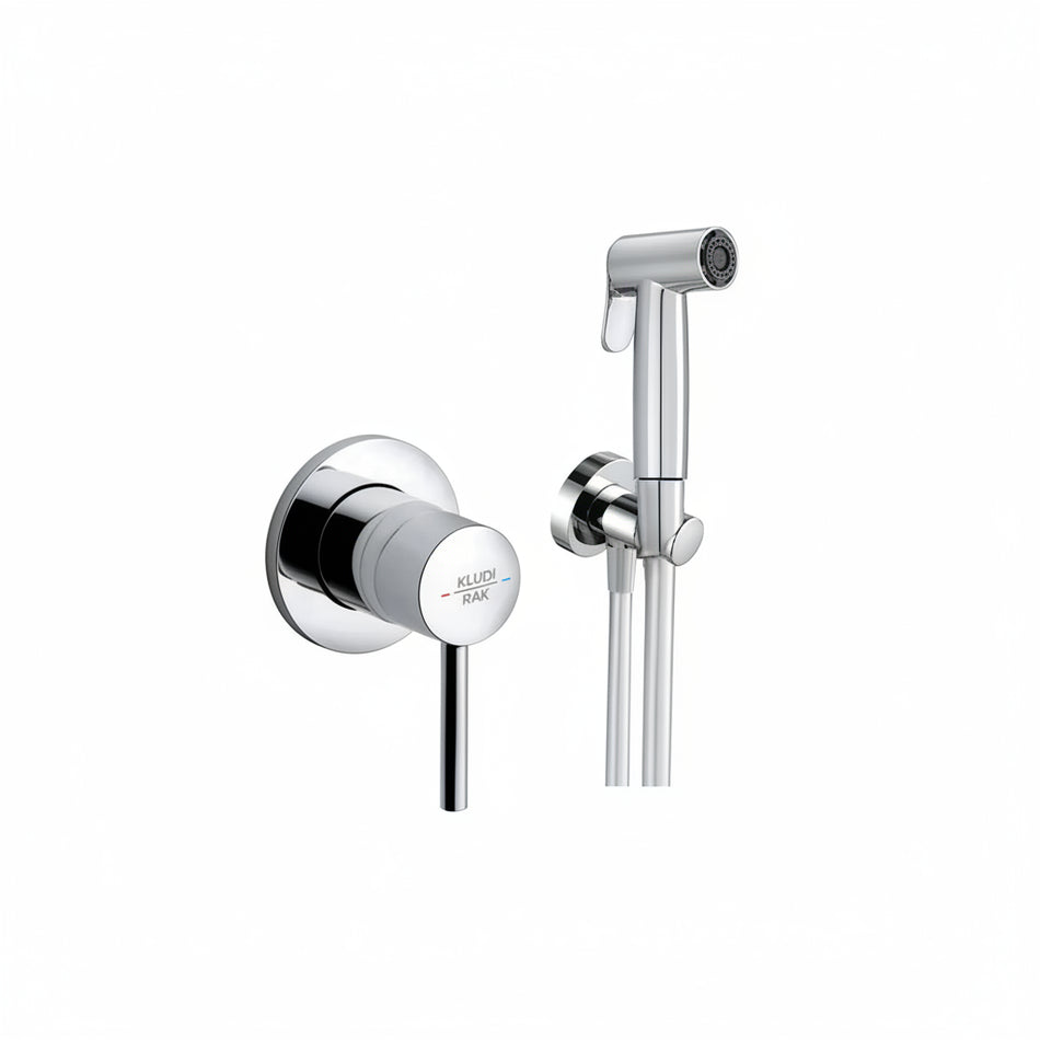 A polished chrome wall-mounted bidet shower set with a single lever handle and a handheld shower head on a flexible hose.
