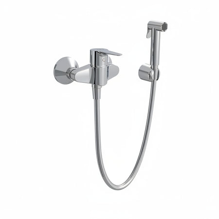 A wall-mounted bathroom faucet with a flexible hose and handheld shower attachment, finished in polished chrome.