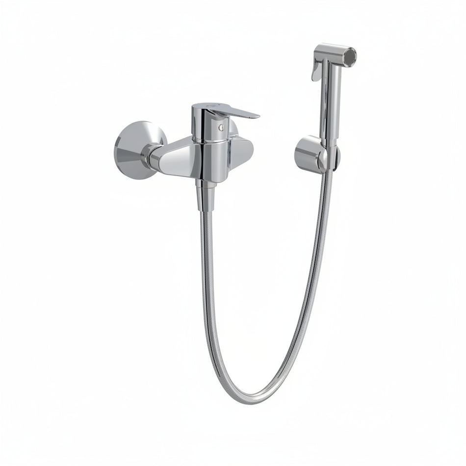 A wall-mounted bathroom faucet with a flexible hose and handheld shower attachment, finished in polished chrome.