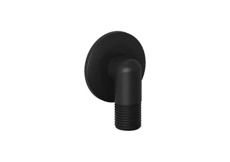 A matte black wall-mounted pipe fitting with a circular backplate and threaded bottom outlet.