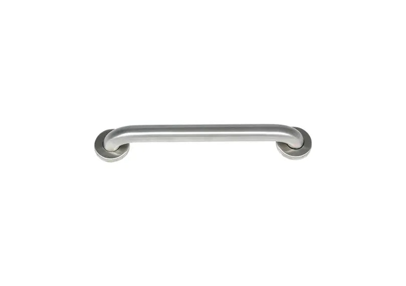 A brushed stainless steel grab handle with circular mounting plates.