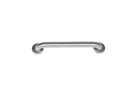 A brushed stainless steel grab handle with circular mounting plates.
