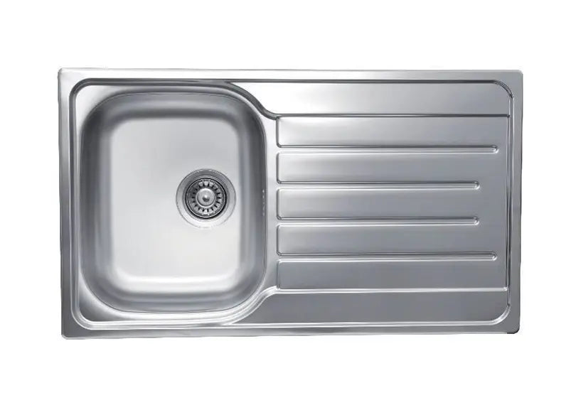 A stainless steel single-basin sink with a right-side drainer tray.