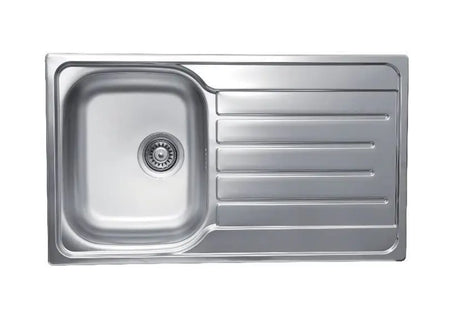 A stainless steel single-basin sink with a right-side drainer tray.