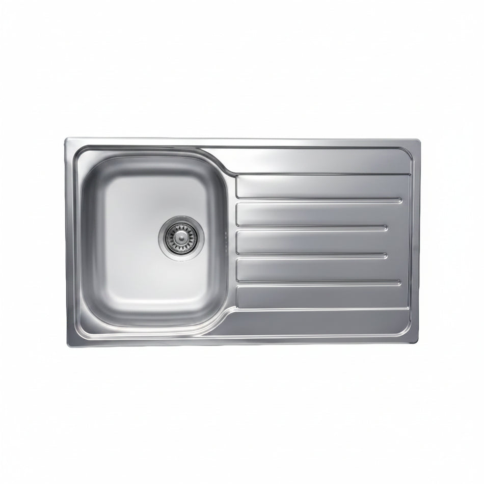 A stainless steel single-basin sink with a right-side drainer tray.