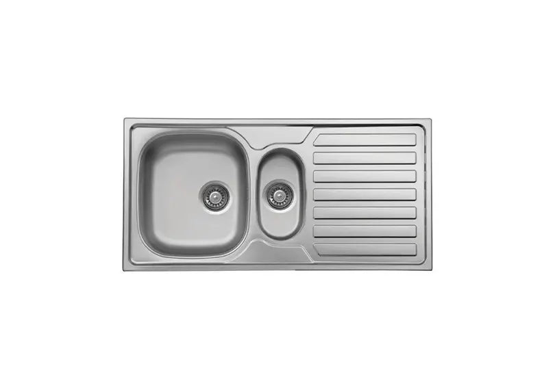 A stainless steel double basin kitchen sink with a left sink, a right drain, and a slotted drab board on the right side.