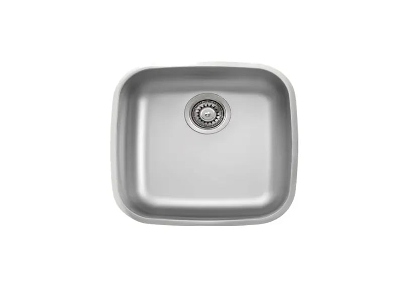 A top-down view of a square stainless steel kitchen sink with a rounded corner design and a central drain, isolated on a white background.