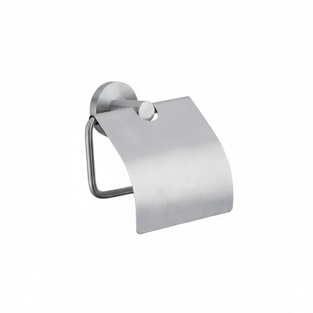 A modern wall-mounted toilet paper holder with a curved metal hanger and a small round wall mount.