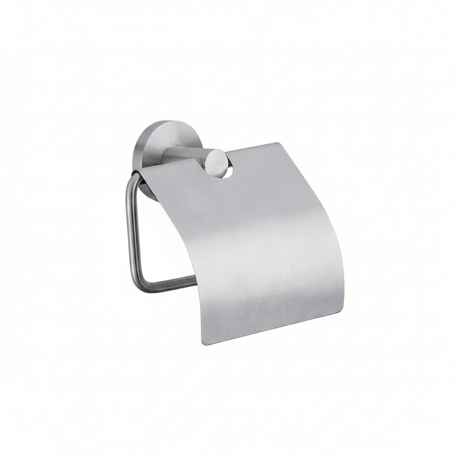 A modern wall-mounted toilet paper holder with a curved metal hanger and a small round wall mount.