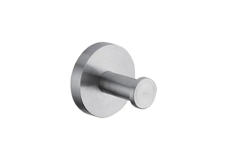 A brushed stainless steel wall hook with a circular backplate and a cylindrical hanging rod.