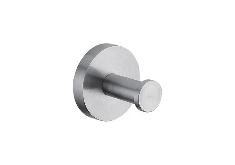 A brushed stainless steel wall hook with a circular backplate and a cylindrical hanging rod.