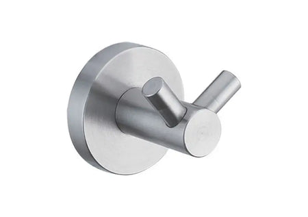 A modern wall-mounted single-handle towel hook in brushed stainless steel, featuring a circular backplate and a diagonal handle.