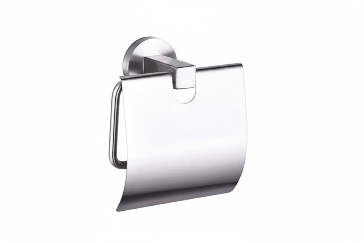 A polished chrome toilet paper holder with a curved paper roll.