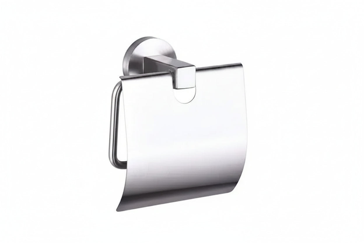 A polished chrome toilet paper holder with a curved paper roll.