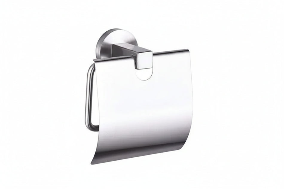 A polished chrome toilet paper holder with a curved paper roll.