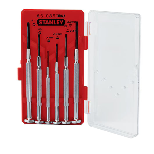 Set of screwdrivers in a red Stanley case on a white background