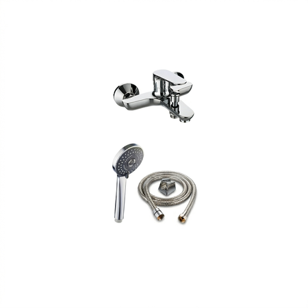 Chrome shower set with handheld shower and hose on a white background