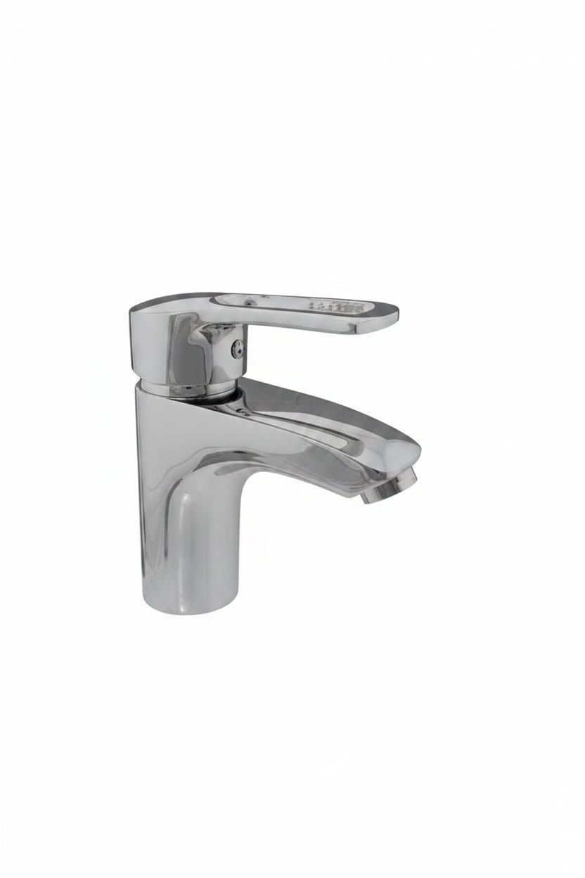 Chrome bathroom faucet on a white background