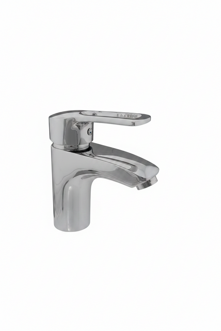 Chrome bathroom faucet on a white background