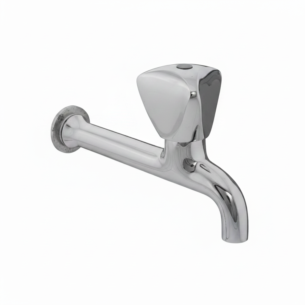 Chrome wall-mounted faucet on a white background