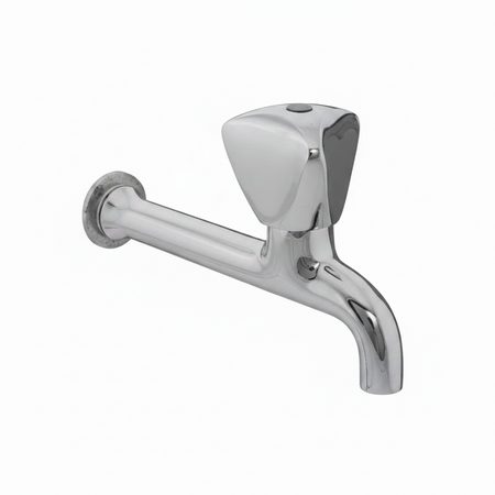 Chrome wall-mounted faucet on a white background