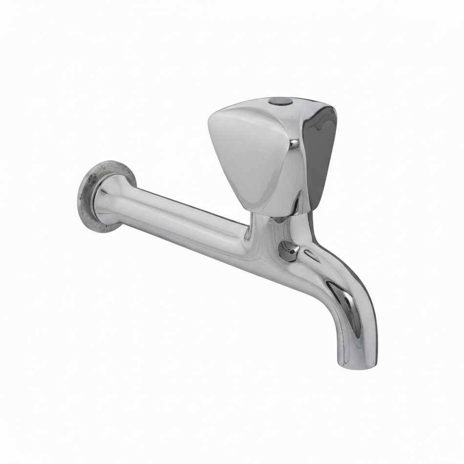 Chrome wall-mounted faucet on a white background