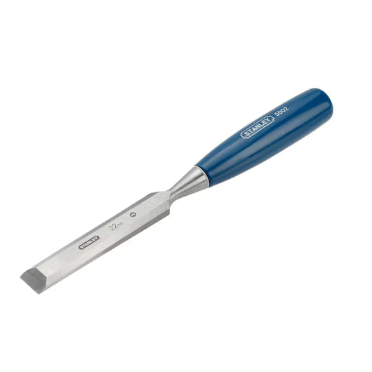 Wood chisel with blue handle on a white background