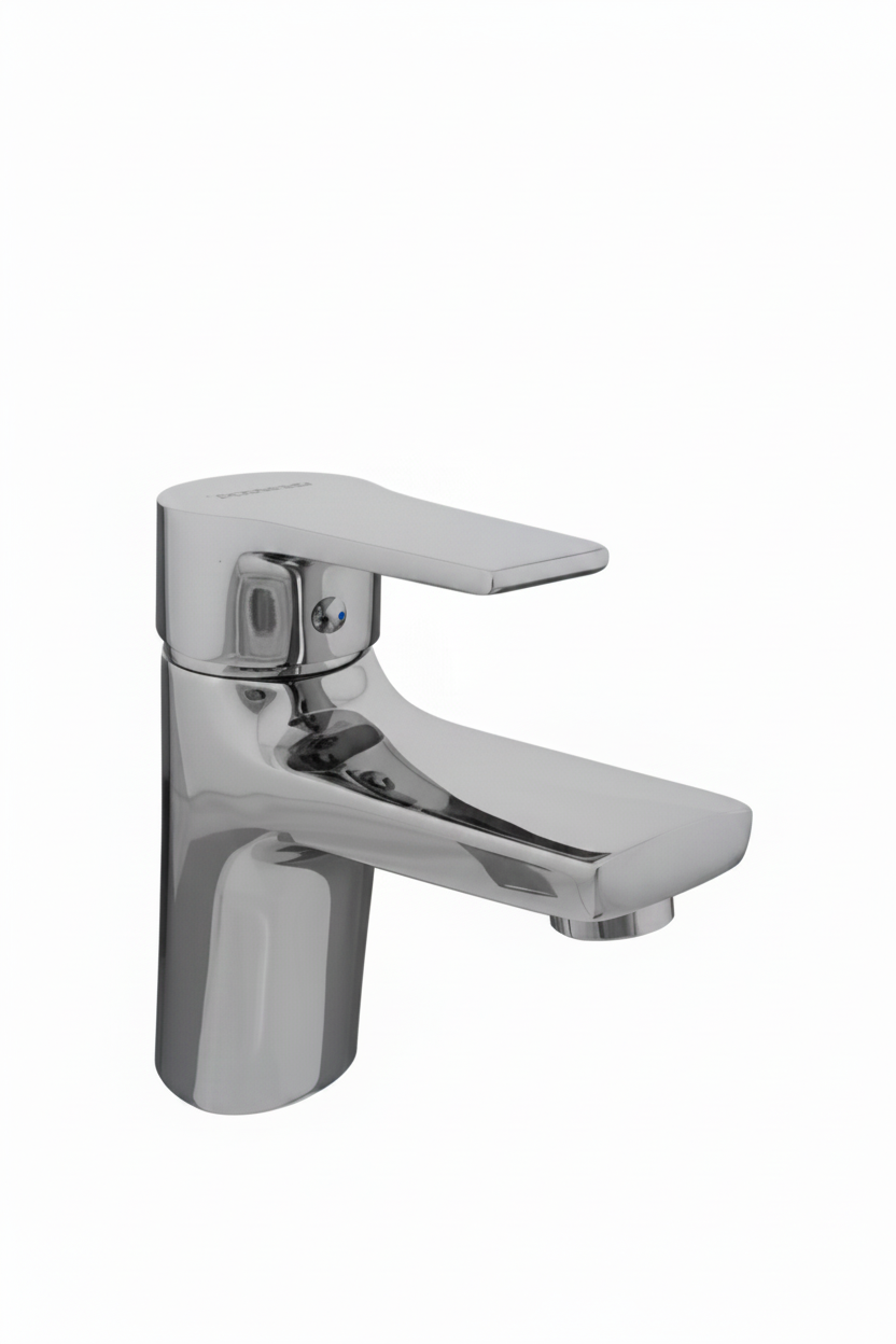 Chrome bathroom faucet on a white background